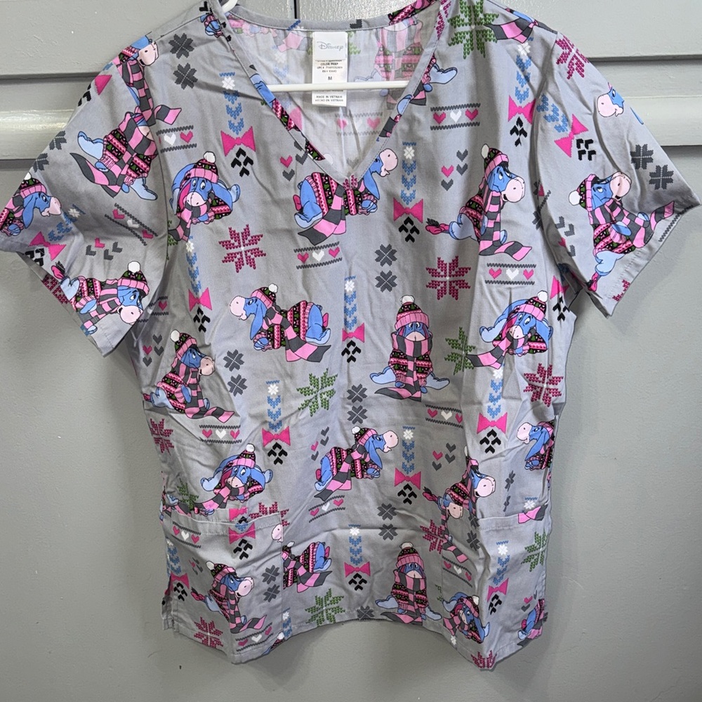 Disney Eeyore Patterned Scrub Top in Light Gray, Pink & Blue